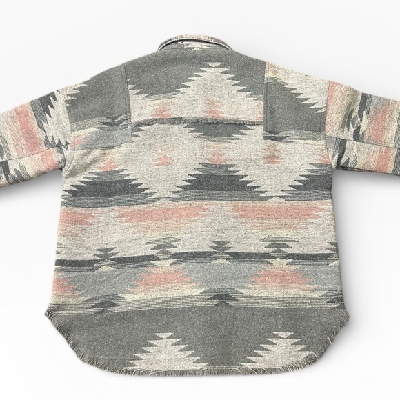 Fate Aztec Southwest Fringe Trim Long Sleeve Oversized Shacket Gray Size Small - Picture 9 of 12
